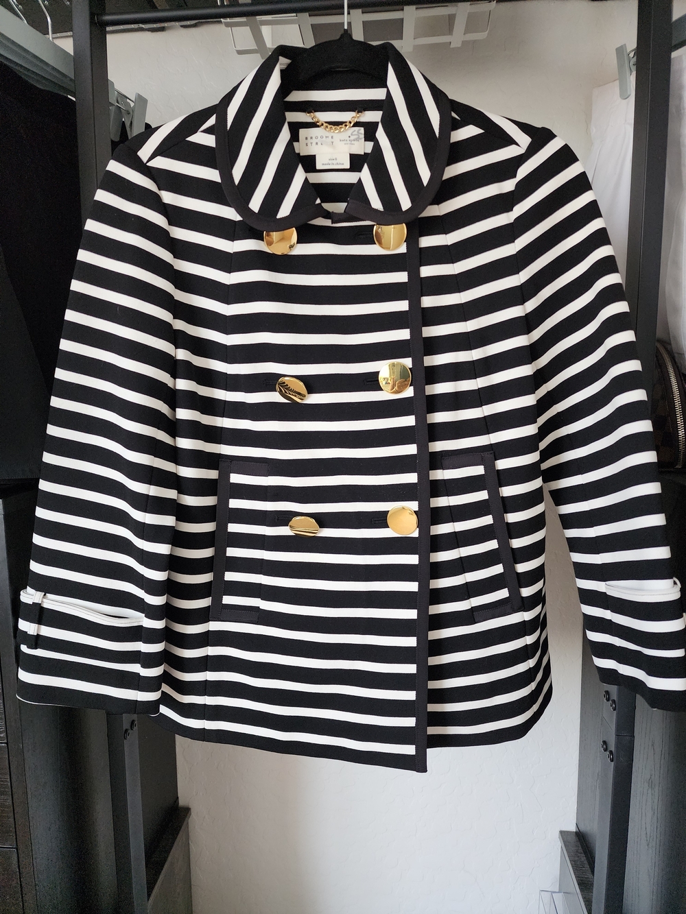 Kate Spade Broome Street striped button-down peacoat in black and white.